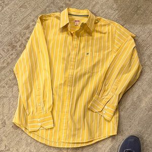 Yellow white and light blue stripe long sleeve men’s button up the front shirt